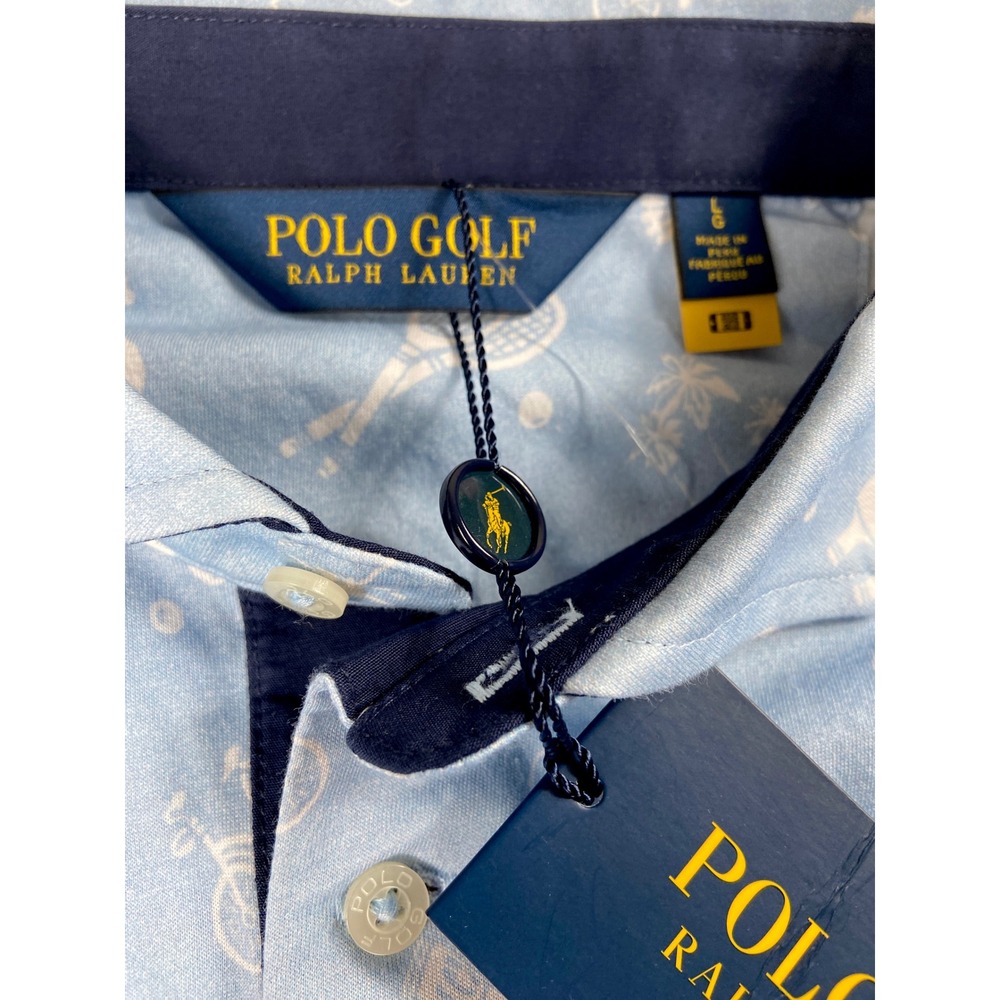 Polo Golf Ralph Lauren Shirt Blue Large With Bicycles Rackets Palm Trees Preppy - Picture 6 of 12